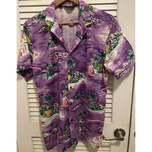 Hawaiian Men’s Shirt Size L Purple Palm Trees Sailboat Island Short Sleeve USA